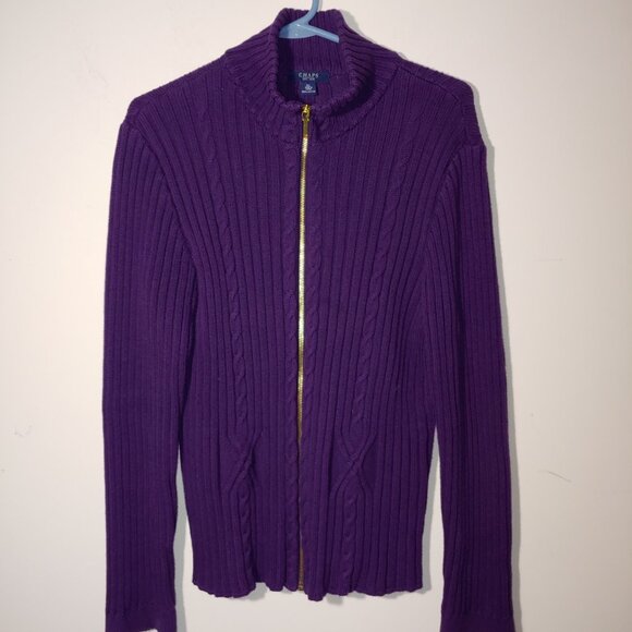 Chaps 100% Cotton Full Zip Cable Knit Stand Collar Sweater Cardigan Sz XL Purple - Picture 1 of 4